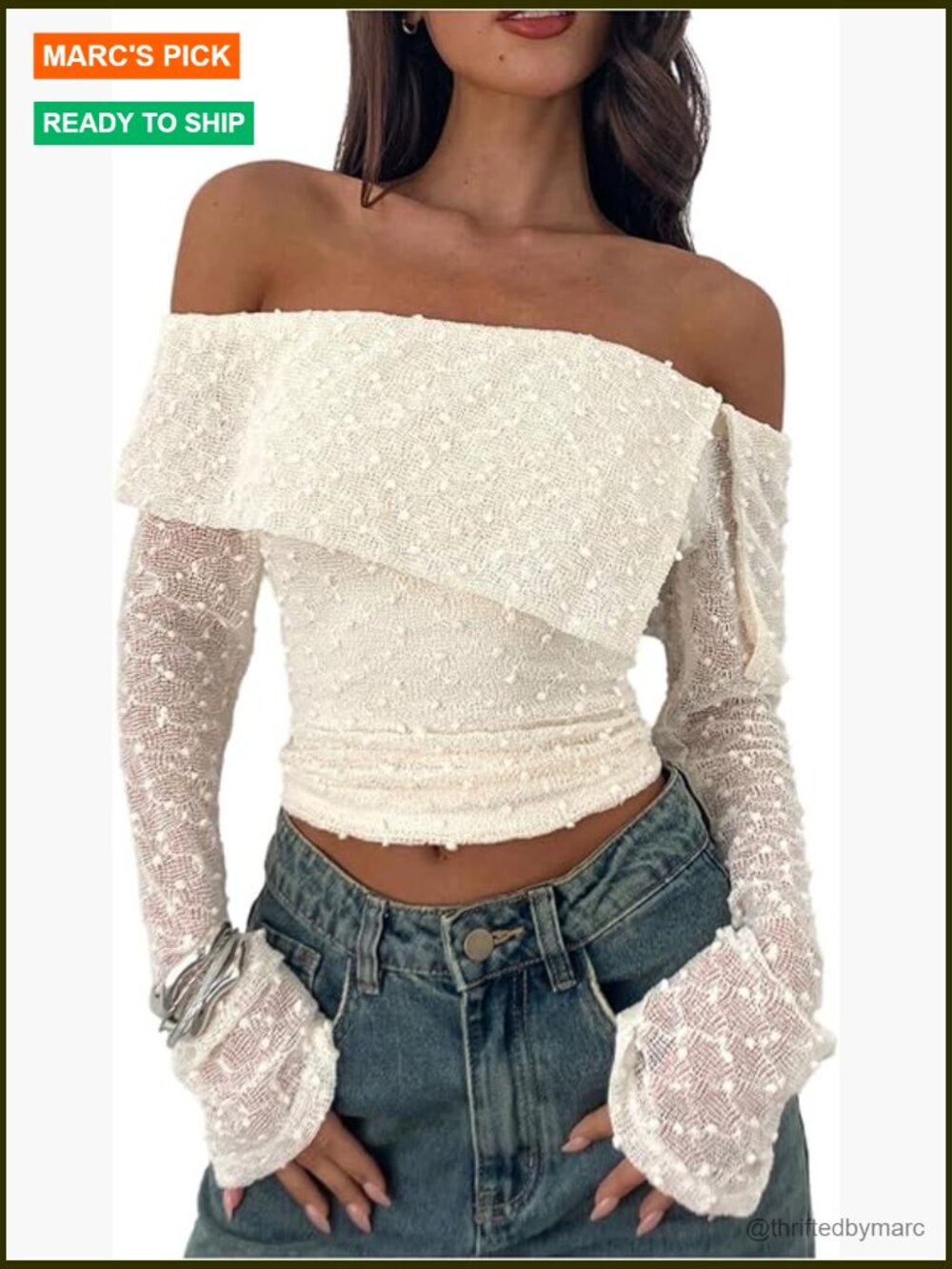 Crochet Off Shoulder Crop Top Long Sleeve Foldover Ruched Fitted Tee